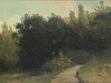 une peinture d'un chemin de terre avec des arbres en arrière-plan