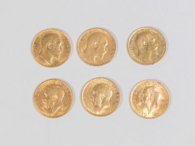 six types différents de pièces d'or sont représentés sur un fond blanc