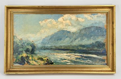 an image of a painting of a river with mountains in the background