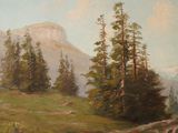 a painting of a mountain scene with trees and a bridge