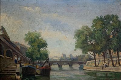 un tableau représentant un pont enjambant une rivière, sur lequel se trouvent des bateaux