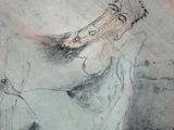 a drawing of a woman and a horse in a field