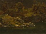 une image représentant une peinture d'une rivière, avec des rochers et des arbres en arrière-plan