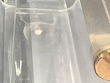 a glass display case with a gold coin on top of it