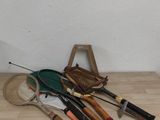 a wooden table with a bunch of tools on top of it