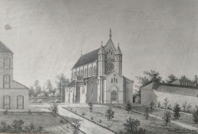 a drawing of a church with a clock on the front