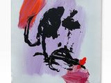 abstract painting of a man holding a red umbrella on a white surface