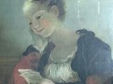 a painting of a woman sitting at a table reading a book