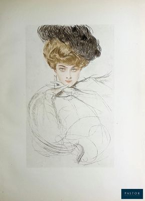 dessin représentant une femme portant un chapeau orné d'une plume