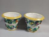pair of yellow and white vases with flowers and leaves on them