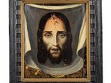 an old painting of jesus with a cross on his forehead