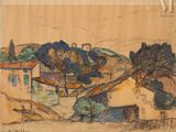 une image représentant un tableau d'un village avec des arbres à flanc de colline