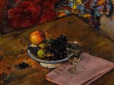 un tableau représentant un bol de fruits et un verre de vin posés sur une table