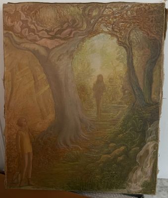 une image représentant un tableau où l'on voit une personne marchant dans une forêt
