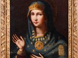 a painting of a woman wearing a blue veil and gold jewelry