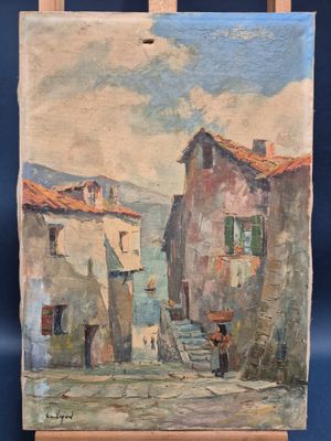une peinture à l'huile représentant une scène de rue, posée sur un chevalet, sur un fond bleu
