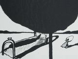 a black and white drawing of a man laying on a bed