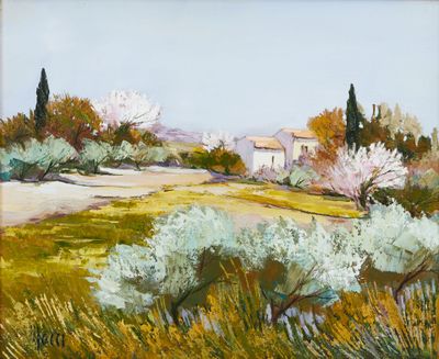 une peinture à l'huile représentant un champ avec des arbres et des buissons au premier plan