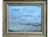 an oil painting of a beach scene with a boat in the distance