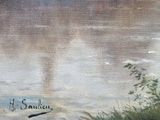 a painting of a boat on the water with a sky background