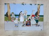 a painting of a group of children playing with toys