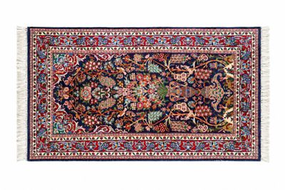 an oriental rug with a floral design on a blue background