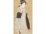 a painting of a woman in a kimono dress holding a fan