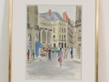 aquarelle encadrée représentant une scène de rue urbaine avec des passants et des voitures