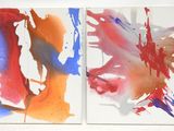 deux peintures réalisées à la peinture rouge, bleue et orange sur papier blanc
