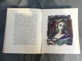 an open book with a drawing of a woman in a green dress