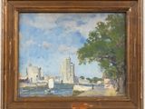 l'image d'une peinture représentant une rivière avec un château à l'arrière-plan