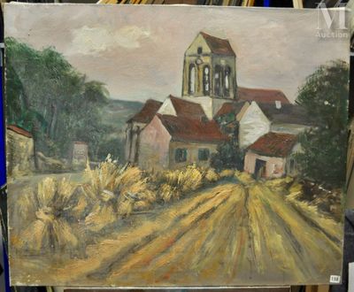 un tableau représentant une église au milieu d'un champ