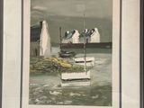 painting of a boat in a body of water with a lighthouse in the background