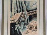 framed watercolor painting of a train crossing a bridge over a river
