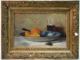 a painting of a bowl of oranges and a glass of wine