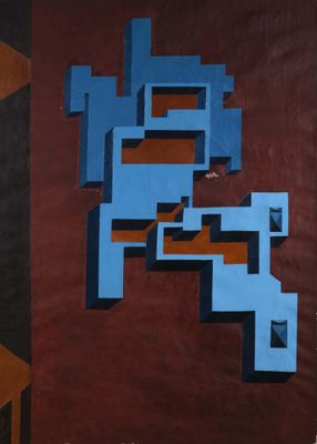 a painting of a blue robot on a red wall