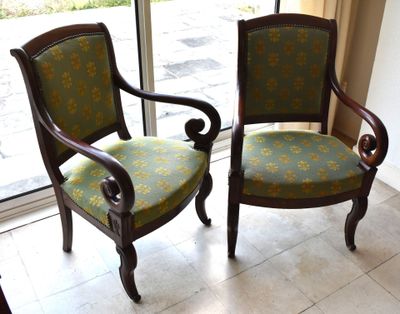 two chairs sitting next to each other in front of a window