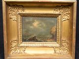 an old picture of a painting in a gold frame on a black background