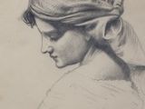 pencil drawing of a woman with a headband on her head