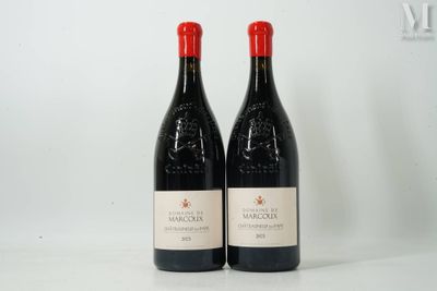 two bottles of red wine sitting next to each other on a table