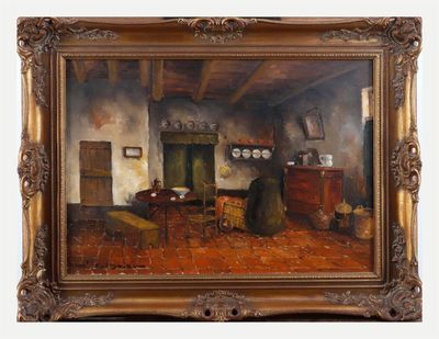 une peinture à l'huile représentant une cuisine avec une table et des chaises