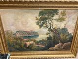 tableau représentant une vue d'une baie, avec un arbre au premier plan et un bâtiment à l'arrière-plan