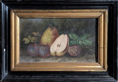a picture of a painting of fruit on a table