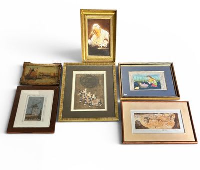 many framed pictures of a dog and a cat