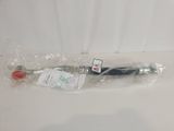 a black and red baseball bat wrapped in plastic on a white table