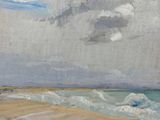 a painting of a man on a beach with a surfboard