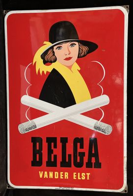 an image of a red sign with a picture of a woman in a hat and a cigarette