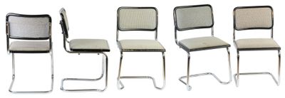 four chairs are lined up in a row on a white background