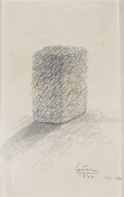 dessin au crayon représentant un rocher au milieu d'un champ