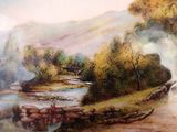 a picture of a painting of a river in the woods